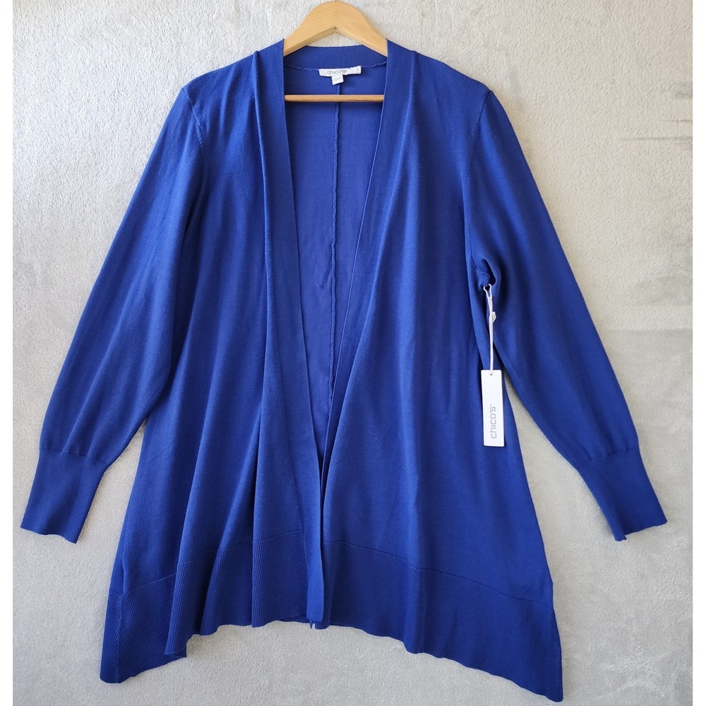 Chicos Cardigan Sweater Womens Size Large Rich Cobalt Blue Handkerchief Hem NWT